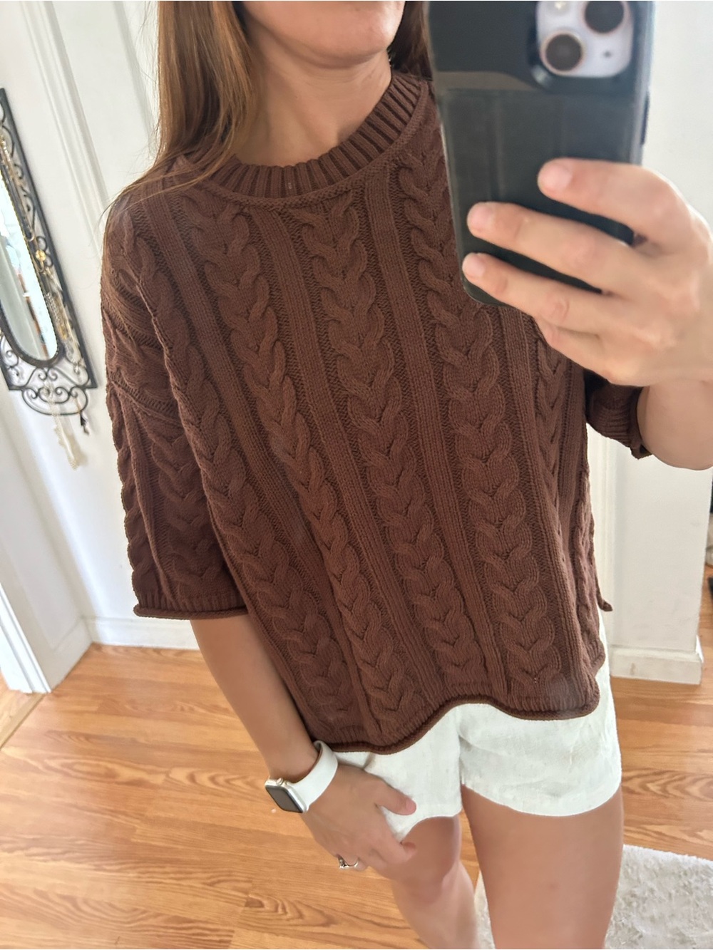 Rachel Cable-Knit Sweater top - Brown dolman wide drop length elbow 1/2 sleeve - Picture 7 of 7